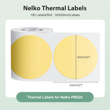 Load image into Gallery viewer, Nelko Labels for PM220, 2 inch (50mm) Round Thermal Label, 1 Roll of 150 Self-Adhesive Thermal Paper (Yellow)
