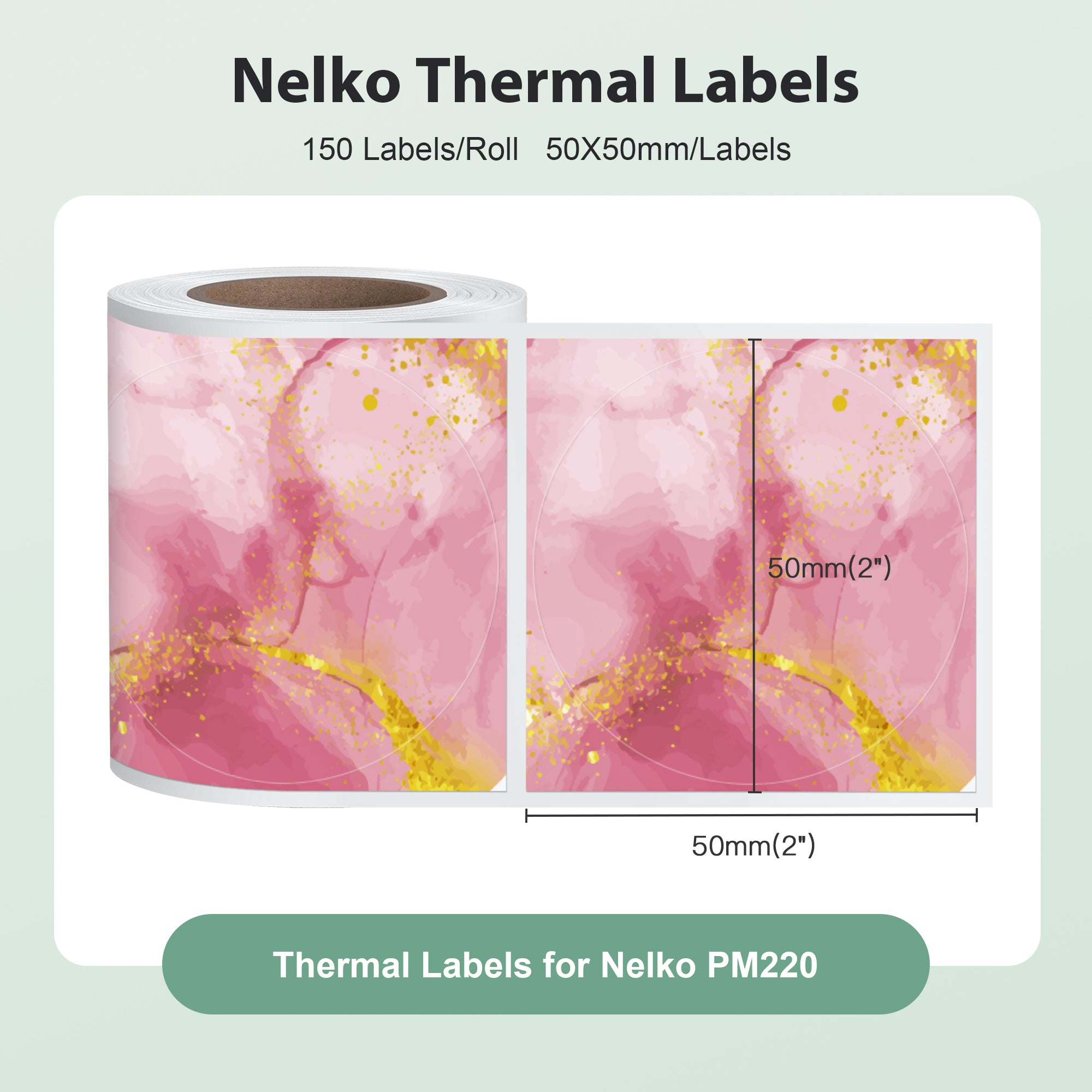 Nelko Labels for PM220, 2 inch (50mm) Round Thermal Label, 1 Roll of 150 Self-Adhesive Thermal Paper Pink Marble