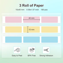 Load image into Gallery viewer, NELKO Genuine P21 Label Maker Tape, Adapted Label Print Paper, 12x40mm (0.47&quot;x1.57&quot;), Standard Laminated Office Labeling Tape Replacement, Multipurpose of P21, 180 Tapes/Roll, 3-Roll, Blue/Yellow/Pink
