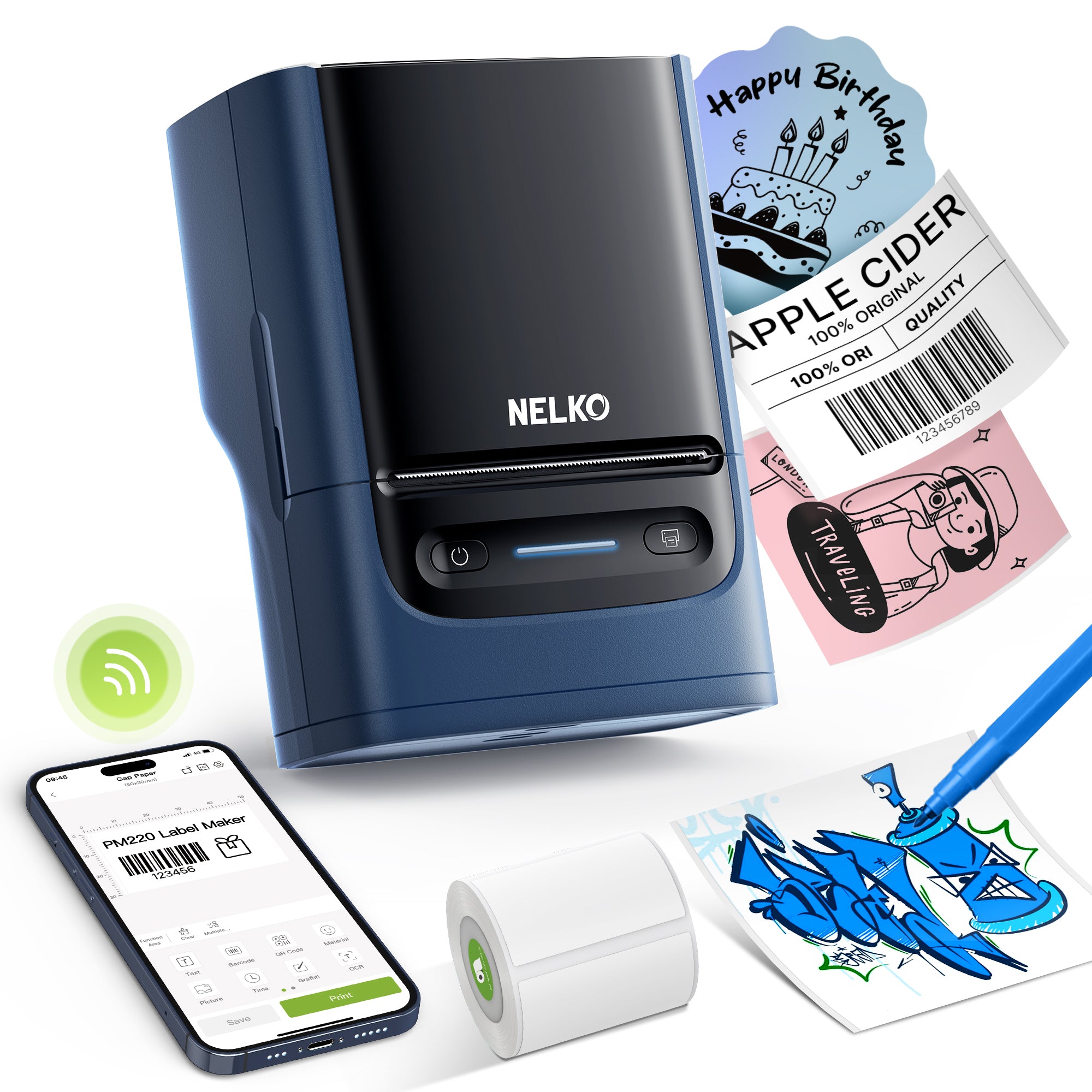 Nelko Label Maker Machine with Tape, PM220 Bluethooth Label Printer, 2 Inch Portable Thermal Printer for Small Business, Address, Logo, Clothing, Sticker Printer for Phones & PC, Deep Blue