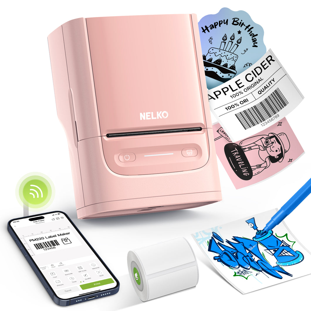 Nelko Label Maker Machine with Tape, PM220 Bluethooth Label Printer, 2 Inch Portable Thermal Printer for Small Business, Address, Logo, Clothing, Sticker Printer for Phones & PC, Pink