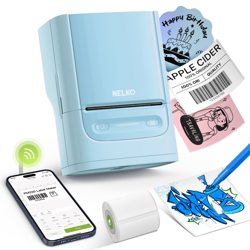 Nelko Label Maker Machine with Tape, PM220 Bluethooth Label Printer, 2 Inch Portable Thermal Printer for Small Business, Address, Logo, Clothing, Sticker Printer for Phones & PC, Cyan