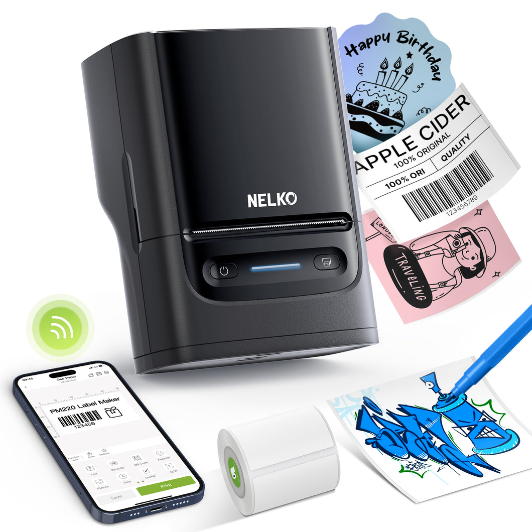 Nelko Label Maker Machine with Tape, PM220 Bluethooth Label Printer, 2 Inch Portable Thermal Printer for Small Business, Address, Logo, Clothing, Sticker Printer for Phones & PC, Black
