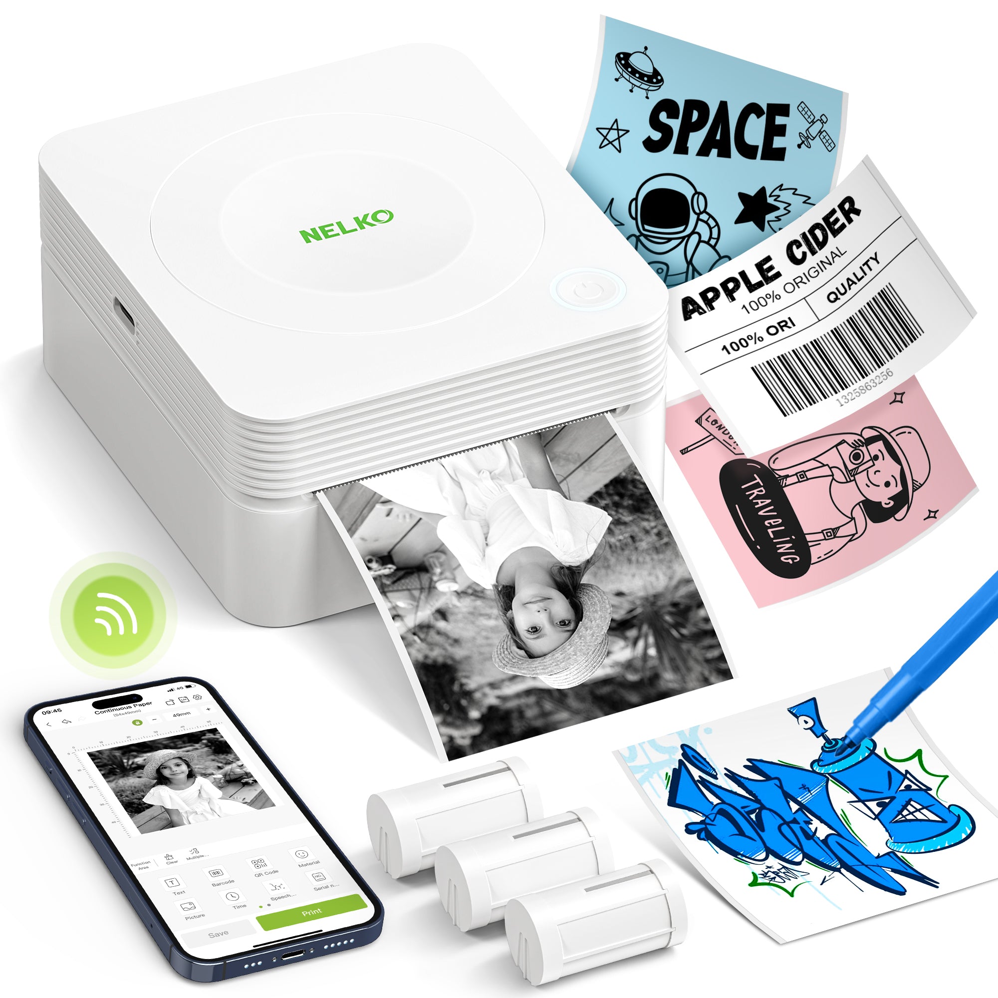 Nelko PM230 Bluetooth Sticker Printer – Portable Mini Sticker Maker with 3 Rolls Paper, Compatible with Phone & Tablet, Multiple Templates, White