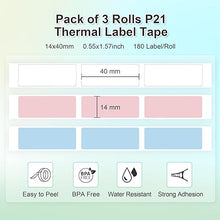 Load image into Gallery viewer, NELKO Genuine P21 Label Maker Tape, Adapted Label Print Paper, 14x40mm (0.55&quot;x1.57&quot;), Standard Laminated Labeling Replacement, Multipurpose of P21, 180 Tapes/Roll, 3-Roll, White/Light Blue/Pink
