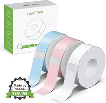 Load image into Gallery viewer, NELKO Genuine P21 Label Maker Tape, Adapted Label Print Paper, 14x40mm (0.55&quot;x1.57&quot;), Standard Laminated Labeling Replacement, Multipurpose of P21, 180 Tapes/Roll, 3-Roll, White/Light Blue/Pink
