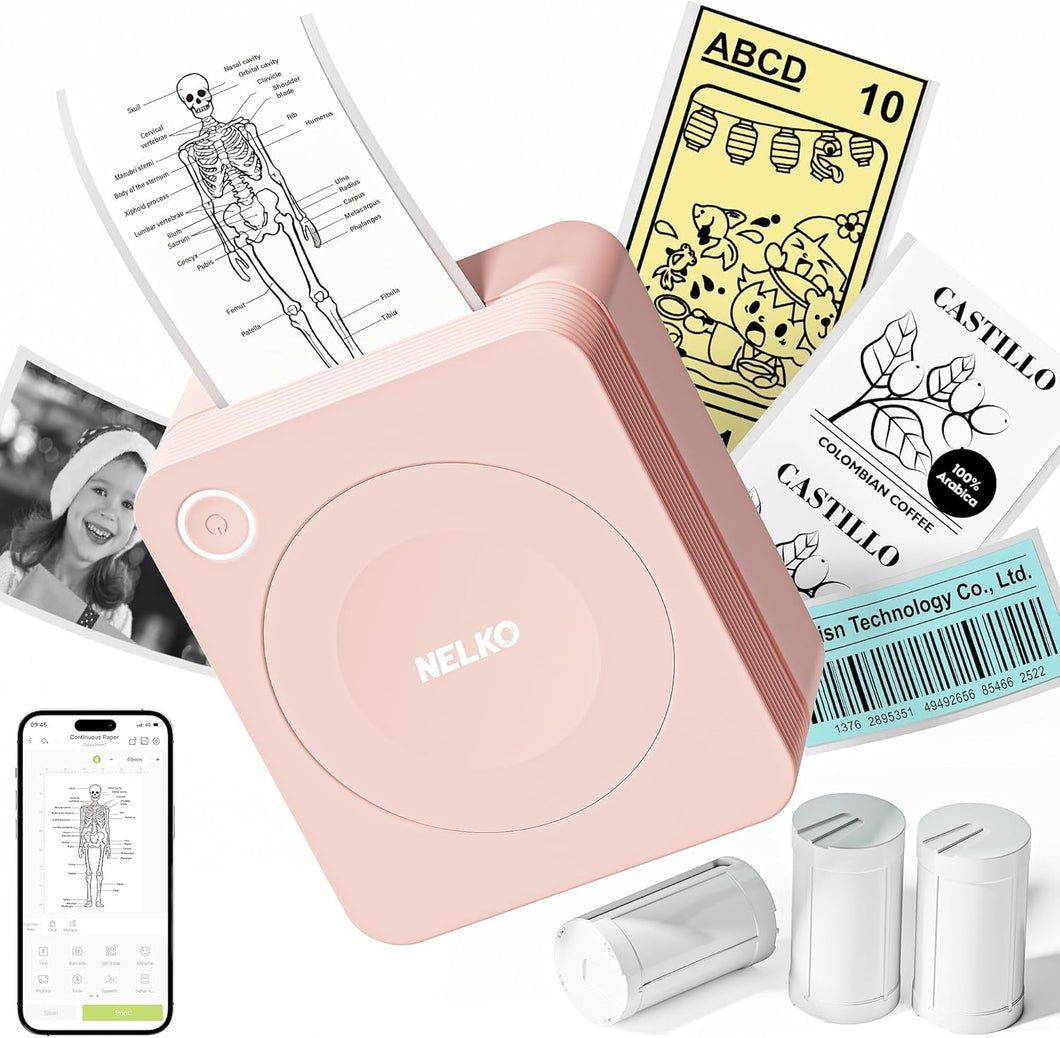 Nelko PM230 Bluetooth Sticker Printer – Portable Mini Sticker Maker with 3 Rolls Paper, Compatible with Phone & Tablet, Multiple Templates, Pink