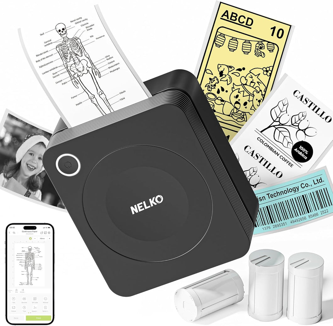 Nelko PM230 Bluetooth Sticker Printer – Portable Mini Sticker Maker with 3 Rolls Paper, Compatible with Phone & Tablet, Multiple Templates, Black