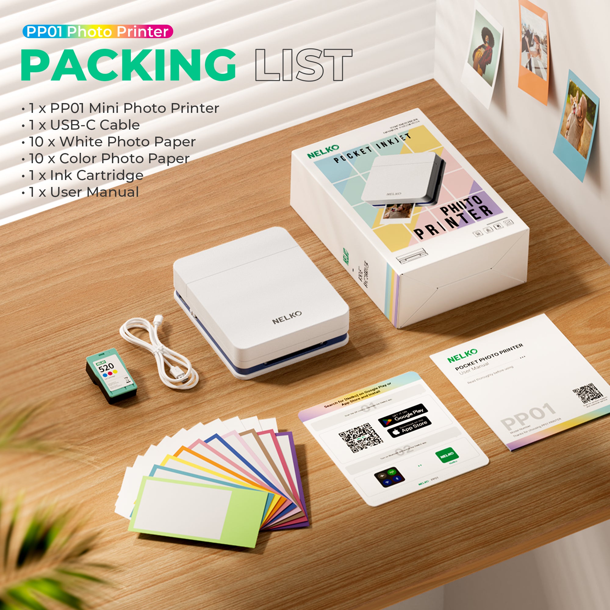 Nelko PP01 Color Portable Mini Photo Printer-Instant Smartphone Inkjet Sticker Printer, Sticky-Back Photos, for iOS & Android